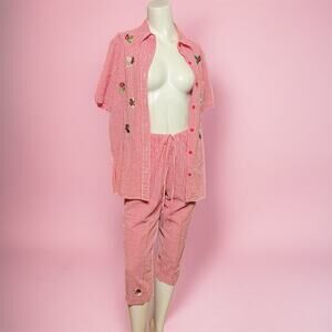 VINTAGE 90s Quacker Factory Ladybug Gingham Loungewear Set Size M Retro Pajamas